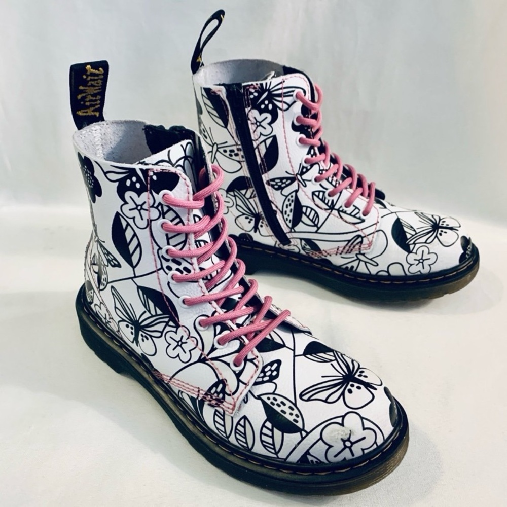 Dr. Martens White Floral Combat Boots with Pink Laces